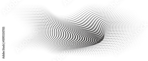 Flowing Wave Dot Halftone Pattern: Curve Gradient Shape on Transparent Background. Suitable for AI, Tech, Network, Digital, Science, and Technology Themes.