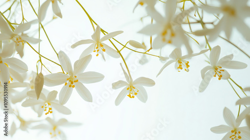 Delicate white jasmine flowers with pure petals and yellow centers create serene and airy atmosphere, perfect for evoking tranquility and beauty
