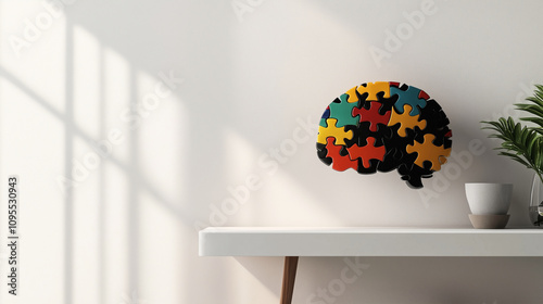 Vivid brain shape made from puzzle pieces on a minimalist white shelf, in a warm, inviting interior, emphasizing cognitive diversity and creativity.