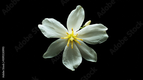 delicate jasmine flower with white petals and yellow stamens, beautifully displayed against black background, evokes sense of tranquility and elegance
