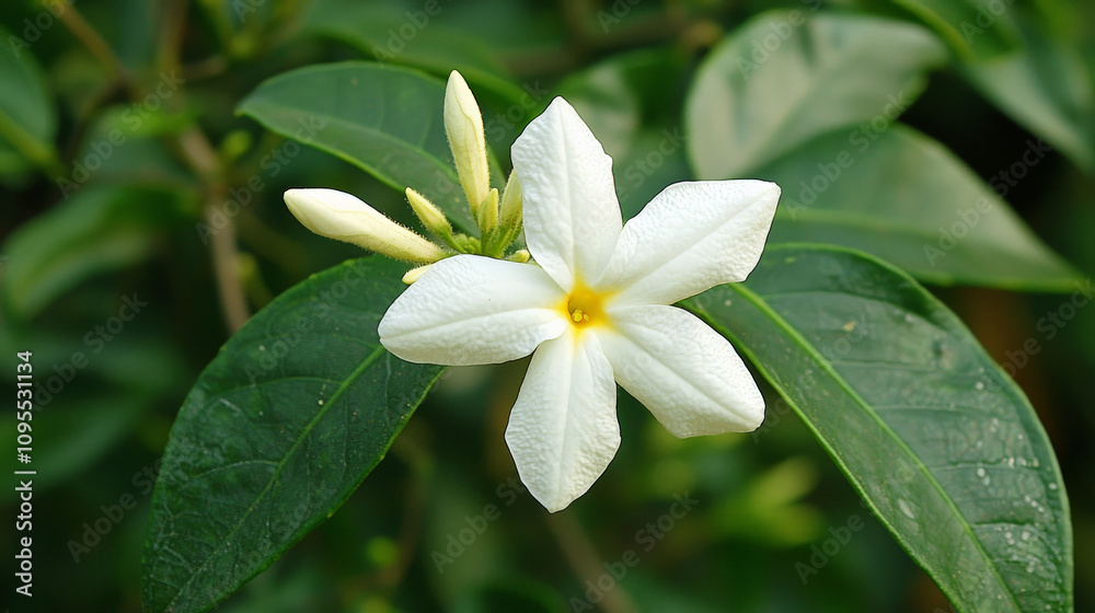 close up view of single jasmine flower showcasing intricate details, surrounded by lush green leaves. delicate white petals and yellow center create serene and calming atmosphere close up view of single jasmine flower showcasing intricate details, surrounded by lush green leaves. delicate white petals and yellow center create serene and calming atmosphere