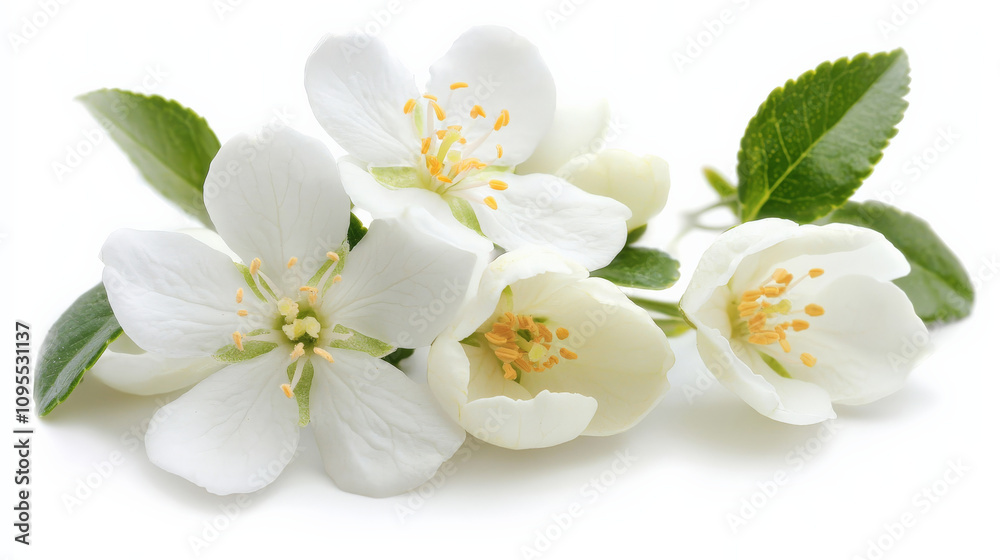 Close up of jasmine blossoms with slender stems and green leaves, showcasing their delicate beauty and intricate details. Perfect for floral arrangements or nature themed designs Close up of jasmine blossoms with slender stems and green leaves, showcasing their delicate beauty and intricate details. Perfect for floral arrangements or nature themed designs