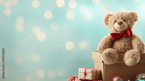 A donation box overflowing with various toys, topped by a cuddly teddy bear with a red bow, set against a soft, festive background that radiates kindness and generosity. photo