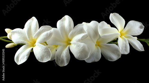 Beautiful white jasmine flowers with yellow centers arranged elegantly. Their delicate petals create serene and calming atmosphere, perfect for any floral arrangement or decoration