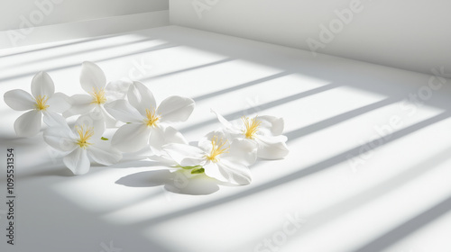 Delicate jasmine flowers with white petals and yellow centers rest on bright surface, casting soft shadows that enhance their beauty and tranquility