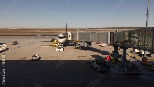 Passenger plane with a sleeve waiting for passengers to board. Airplane maintenance, luggage loading, beautiful sky, runway behind.
