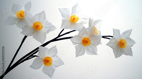 Elegant white flowers with yellow centers gracefully arranged on slender branches, creating serene and calming atmosphere in any setting