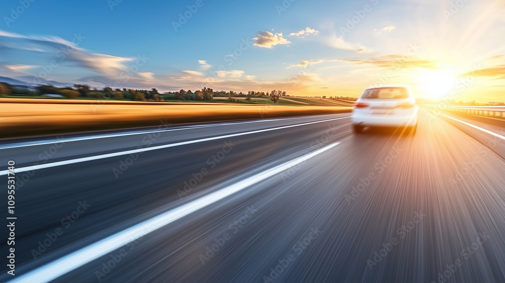 A rural highway with blurred cars passing by, surrounded by golden wheat fields under a brilliant blue sky. A rural highway with blurred cars passing by, surrounded by golden wheat fields under a brilliant blue sky.