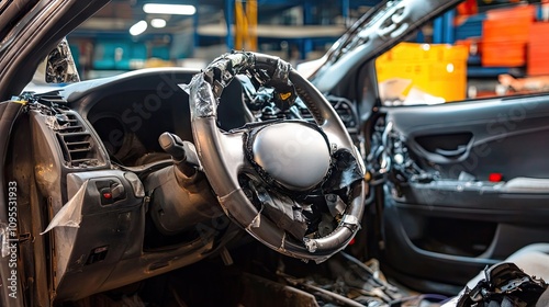 Wallpaper Mural Damaged Car Interior with Broken Steering Wheel and Exposed Wires in Automotive Repair Shop Environment Torontodigital.ca