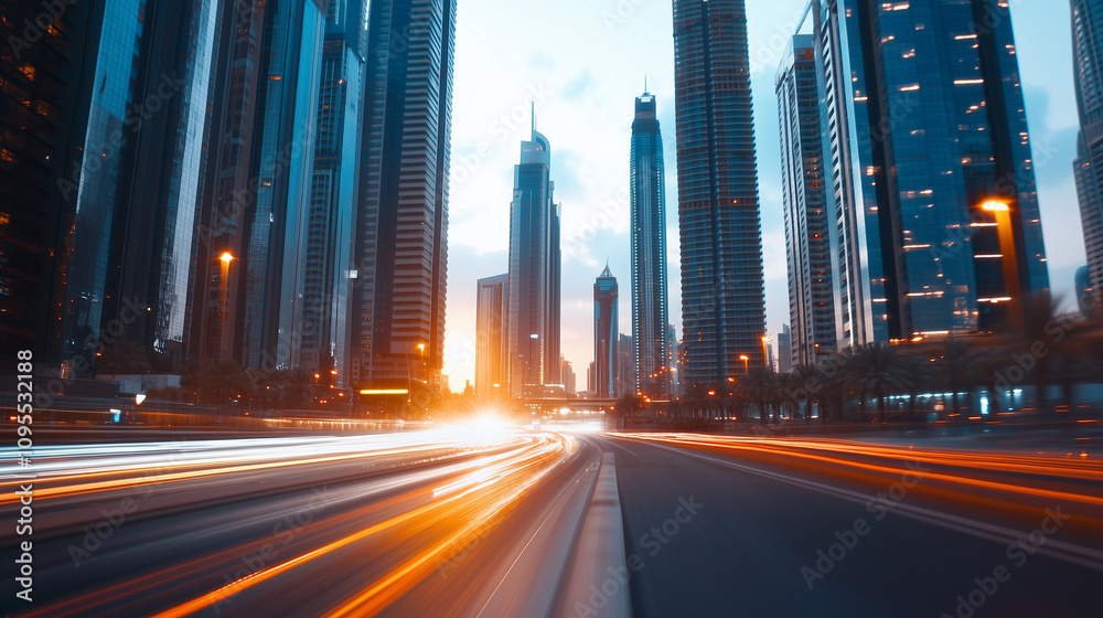 Naklejka premium A blurred perspective of a highway leading into a sprawling cityscape, with towering buildings illuminated by golden hour light.