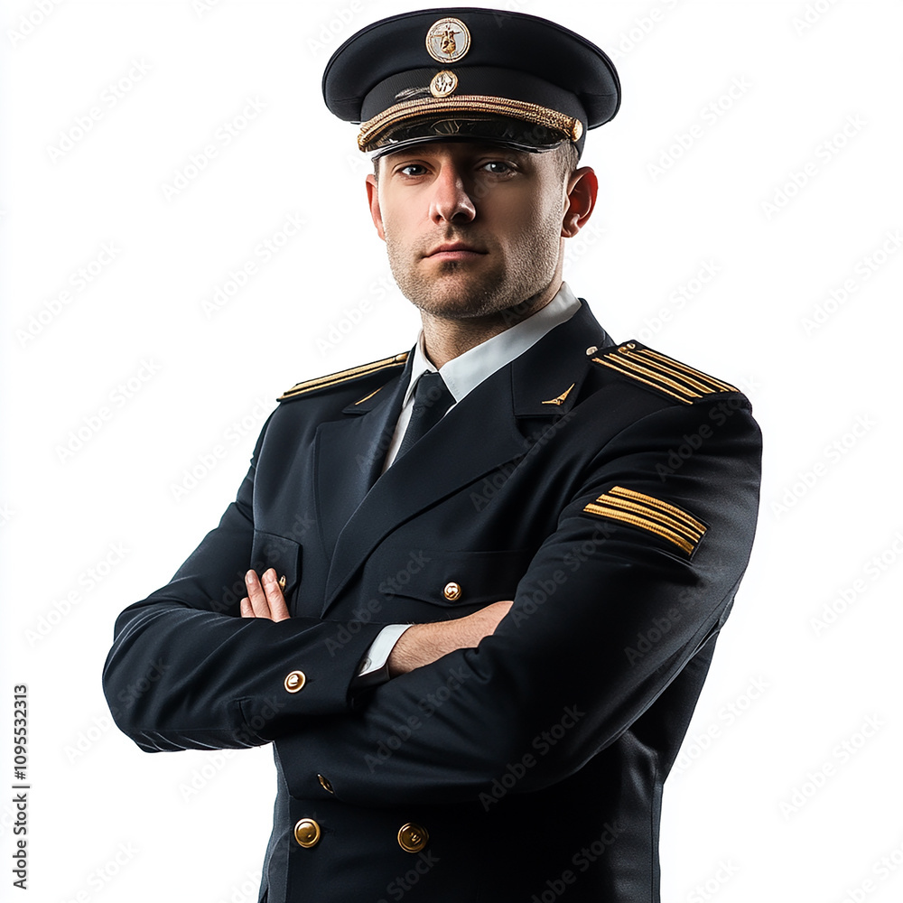 Pilot in Uniform with Arms Crossed and Confident Look, Isolated on White Background Pilot in Uniform with Arms Crossed and Confident Look, Isolated on White Background