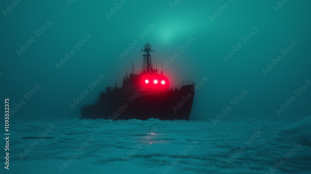Obraz premium A distant shot of the icebreaker under the ethereal glow of the northern lights, its red silhouette contrasting the icy tundra.