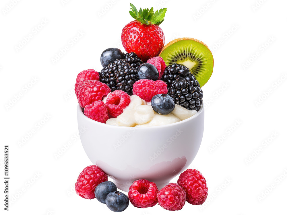Fresh Fruit Salad with Berries and Kiwi in Bowl