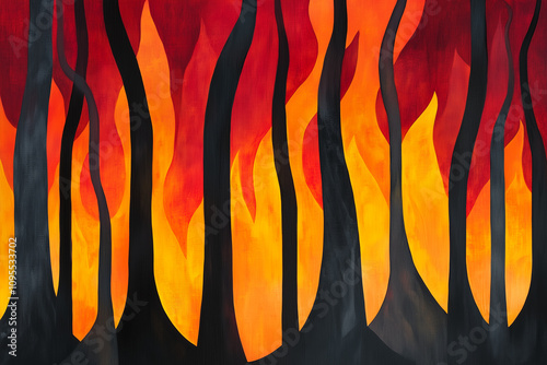 Abstract illustration of a forest fire with burning trees. Concept of wildfire and climate change.