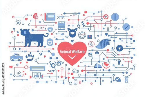 A creative illustration showcases various icons related to animal welfare, featuring a dog and heart symbol. The design highlights themes of care, technology, and advocacy for pets and wildlife. photo