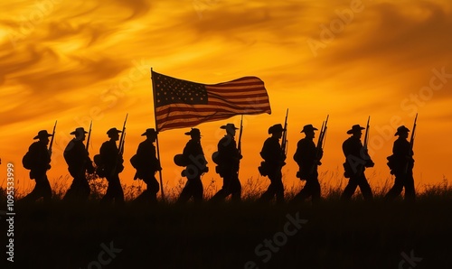 Soldiers marching with American flag, silhouetted against sunset sky. Group of soldiers in uniform, carrying rifles, patriotic display. photo