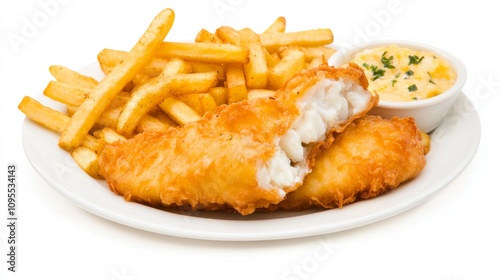 A delicious plate of fish and chips featuring golden-brown battered cod fillets and crispy fries, Each piece of fish's flaky texture and crunchy coating highlighted