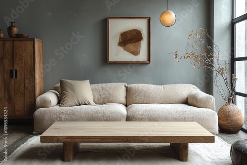 Minimalist, contemporary Scandinavian interiors in living rooms with walls and sofas with art frames hanging. Generative AI
