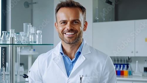 Smiling male scientist in a modern laboratory, wearing a lab coat, professional and innovative environment