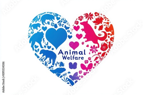 A colorful heart-shaped design illustrates various animals surrounded by flowers, highlighting the importance of animal welfare and compassion for all living creatures. photo