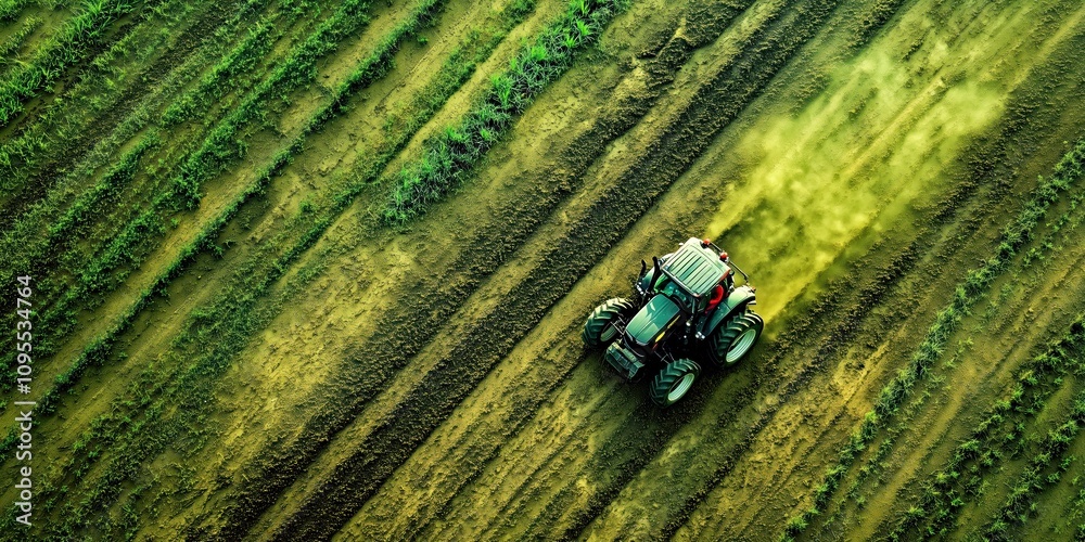 Overhead shot of a tractor sowing seeds in neat rows Overhead shot of a tractor sowing seeds in neat rows