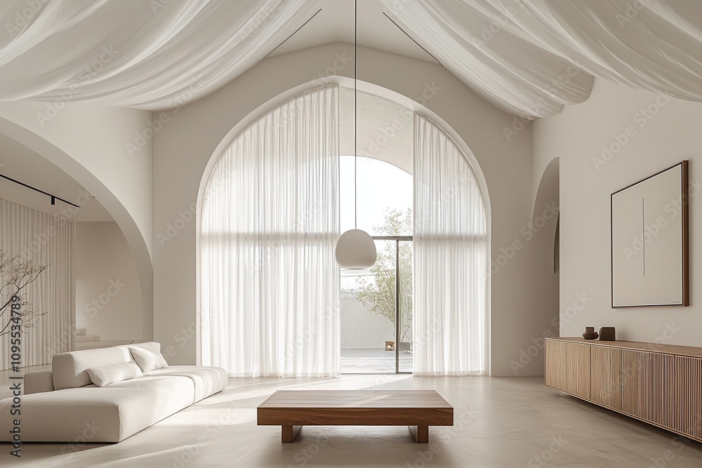 Fototapeta premium Minimalist, Scandinavian interior of living room with arched structure and sofa and table. Generative AI