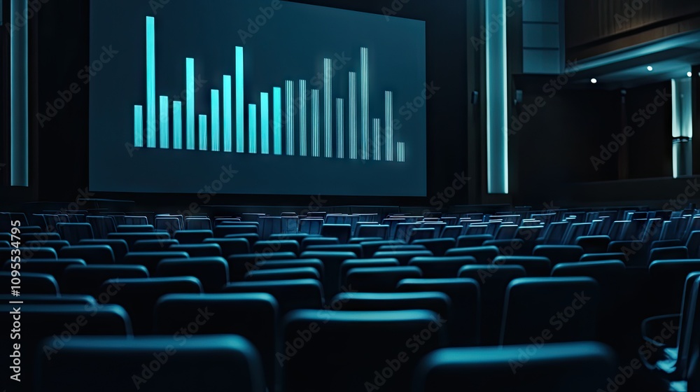 Obraz premium Modern Empty Cinema Theater with Data Visualization Displayed on Screen in a Mysterious and Stylish Atmosphere, Creating a Unique Visual Experience for Audiences