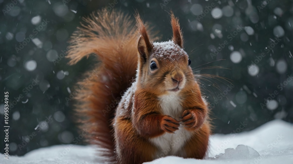 Red squirrel in the snow forest. Red squirrel in the snow forest.