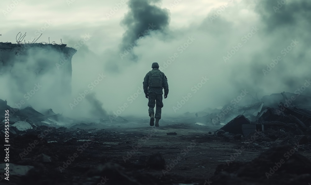 Soldier walking through war-torn landscape, smoke and debris surrounding, desolate atmosphere Soldier walking through war-torn landscape, smoke and debris surrounding, desolate atmosphere