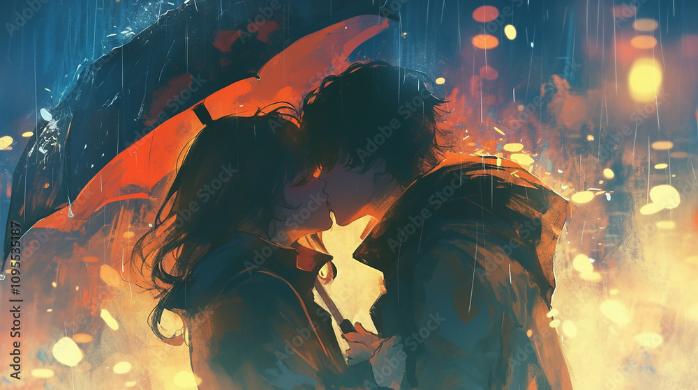 Obraz premium Romantic Couple Sharing a Passionate Kiss in the Rain
