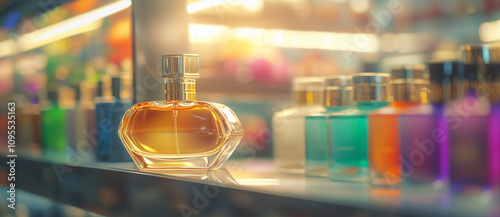 Shoppers in the cosmetics and household chemicals store A blurred view of a large perfume shop featuring perfumes and cosmetics Customers in the perfume shop are examining