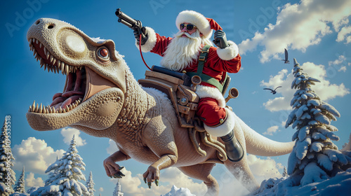 A man riding on the back of a dinosaur with a gun