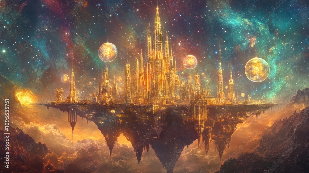 Obraz premium A vibrant floating city amidst a cosmic backdrop filled with stars and planets.