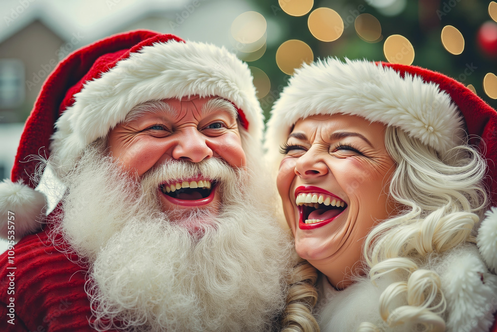 A man and a woman dressed as Santa Claus laughing together A man and a woman dressed as Santa Claus laughing together