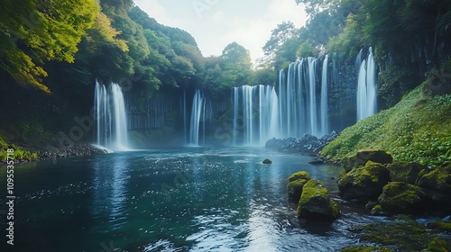 Beautiful realistic image shiraito waterfall cascading japan image photo