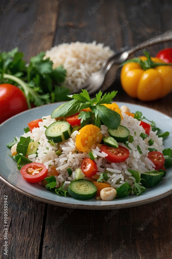 Healthy food, rice salad with vegetables background - generative ai Healthy food, rice salad with vegetables background - generative ai