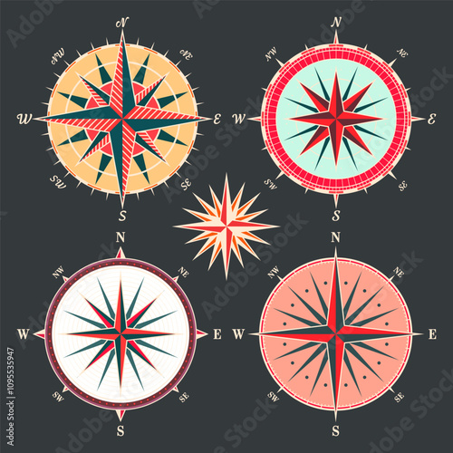 Vintage marine wind rose, nautical chart. Colorful navigational compass with cardinal directions of North, East, South, West. Geographical position, cartography and navigation. Vector illustration