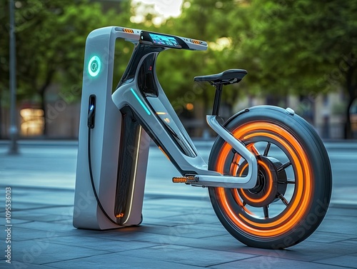 Futuristic electric bicycle charging station. photo