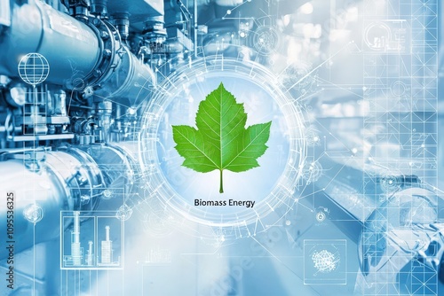 A green leaf symbol representing biomass energy is displayed prominently amidst a network of machinery and digital graphics. photo