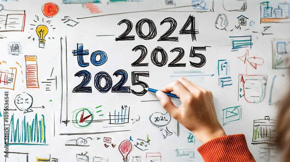 Creative Planning and Goal Setting for 2024 to 2025 with Hand-Drawing Illustrations on a Whiteboard Creative Planning and Goal Setting for 2024 to 2025 with Hand-Drawing Illustrations on a Whiteboard
