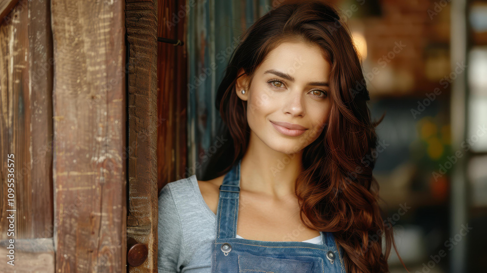 Young female cafe owner beams with pride at her shops entrance, embodying passion for coffee and community. Young female cafe owner beams with pride at her shops entrance, embodying passion for coffee and community.