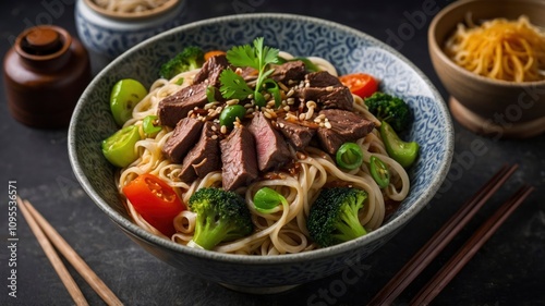 Asian vegetables and beef meat noodles. Restaurant menu - generative ai