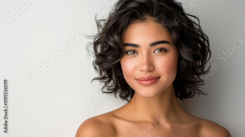 A joyful Asian woman radiates confidence, posing gracefully in a studio, capturing a moment of pure happiness.