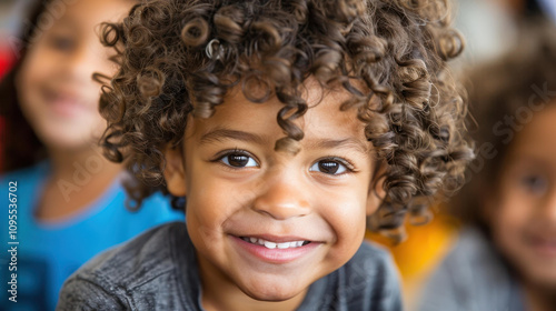 Joyful child with curls in a bright classroom, surrounded by friends, showcasing the beauty of learning and friendship.