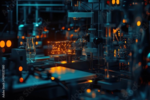 Glowing cube, futuristic lab, complex machinery.