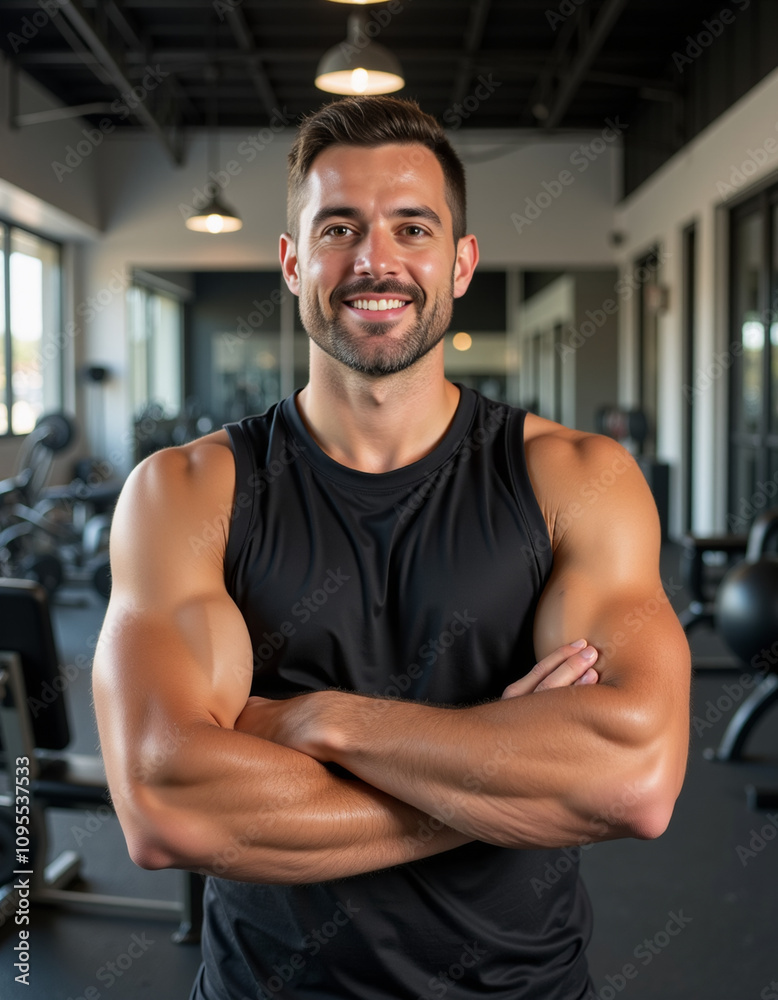 in the GYM, a man, dressed sportswear, arms crossed, smiling in the GYM, a man, dressed sportswear, arms crossed, smiling