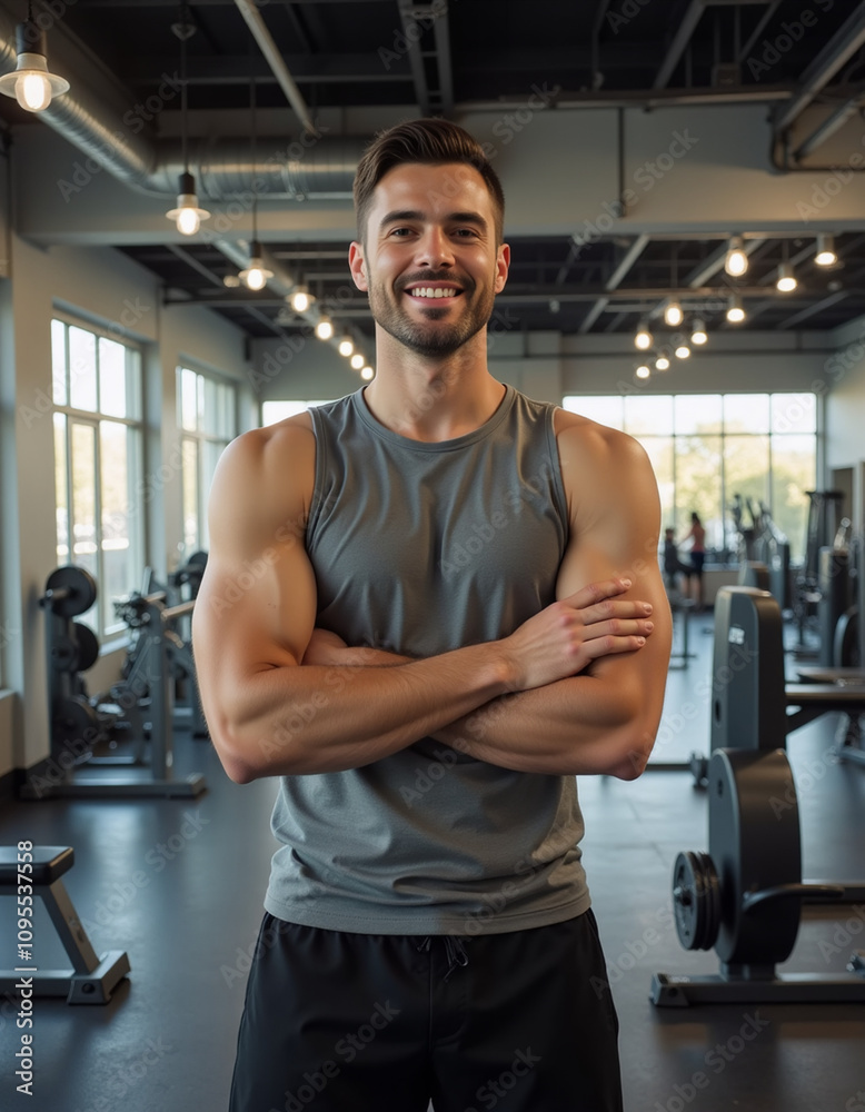 in the GYM, a man, dressed sportswear, arms crossed, smiling in the GYM, a man, dressed sportswear, arms crossed, smiling