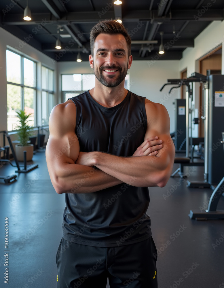 in the GYM, a man, dressed sportswear, arms crossed, smiling in the GYM, a man, dressed sportswear, arms crossed, smiling