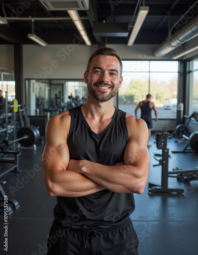 in the GYM, a man, dressed sportswear, arms crossed, smiling