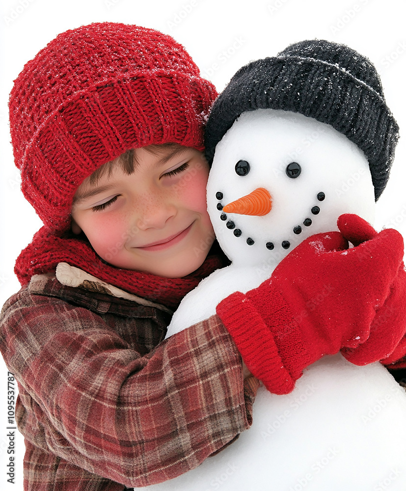 Boy Hugging a Snowman Isolated on a White Background Boy Hugging a Snowman Isolated on a White Background